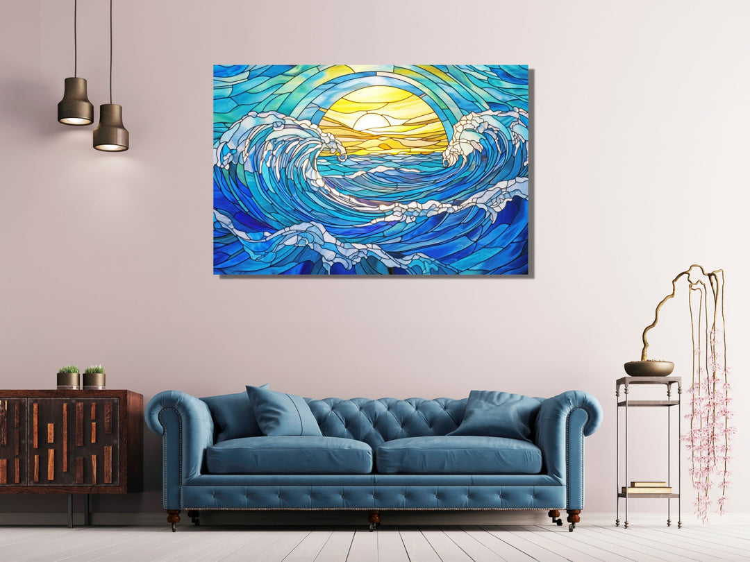 Stained Glass Ocean Wave Pattern Wall Art-Home Office Wall Painting Decor Panel