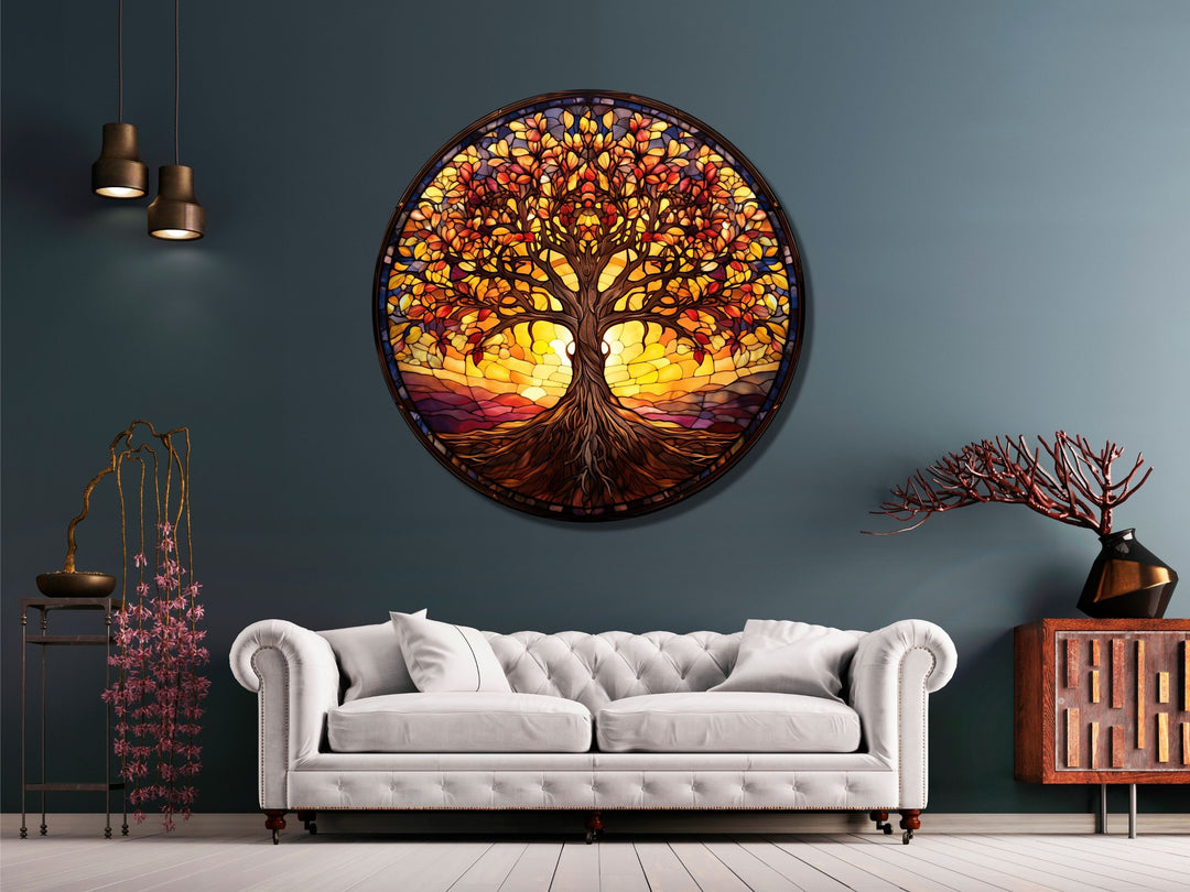 Tree of Life Stained Glass Pattern Wall Art Window-Wall Painting Decor Round