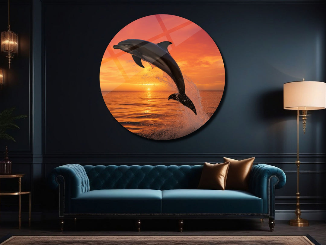 Sunset&Dolphin Wall Art Decor-Home&Office Glass Printing Wall Painting