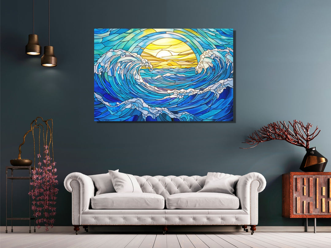 Stained Glass Ocean Wave Pattern Wall Art-Home Office Wall Painting Decor Panel