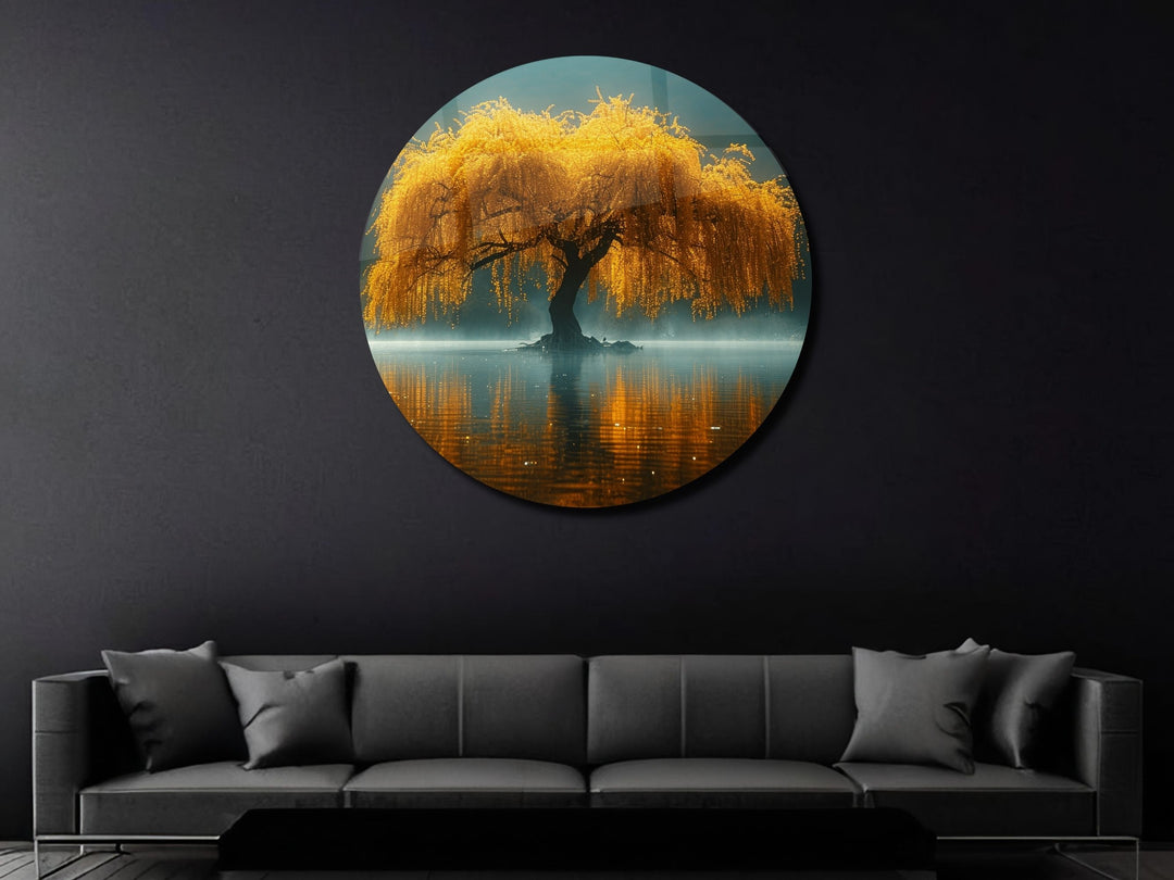 Abstract Yellow Tree&Lake Wall Art Decor-Home&Office Glass Printing Wall Painting