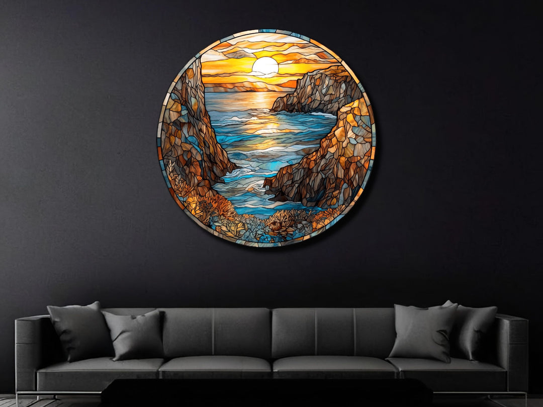 Stained Glass Sunset Pattern Wall Art Decor-Glass Printing Wall Painting Round