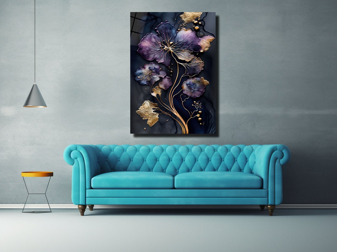 Abstract Gold&Purple Floral Glass Wall Art-Home&Office Glass Printing Wall Decor