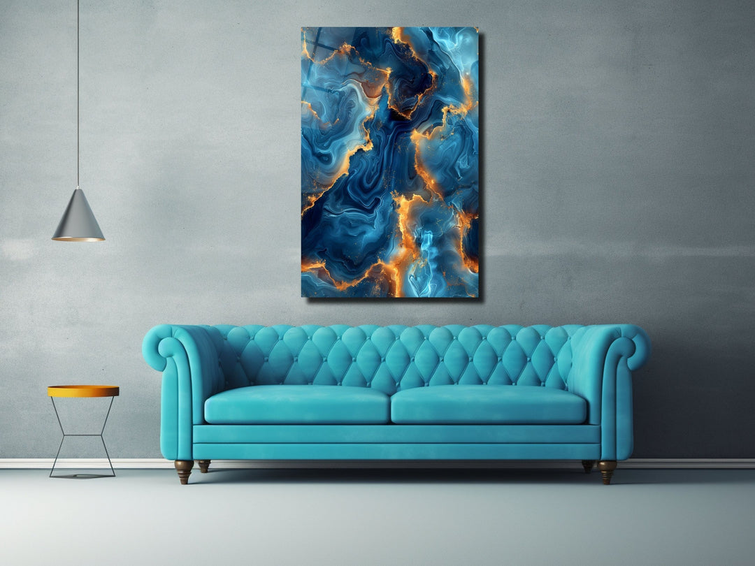 Abstract Blue&Gold Marble Pattern Glass Wall Art-Home&Office Glass Printing Wall Decor